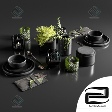 Table setting in black colors set of dishes, tableware