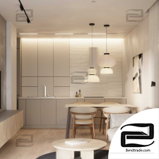 Kitchen living soft minimal 3D scene interior