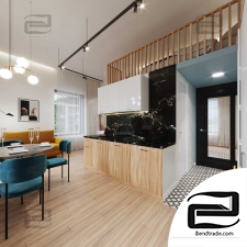 kitchen - living room apartments 3d scene interior interior kitchen living room apartments scene 3dmach
