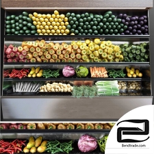Showcase with fruits and vegetables