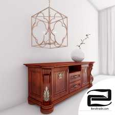 Chest of drawers and chandelier