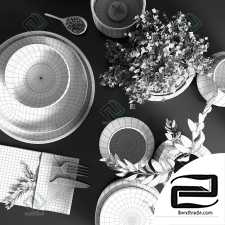 Table setting in black colors set of dishes, tableware