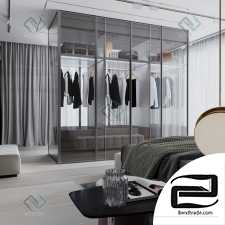 Gray wood bedroom 3D bedroom scene, wardrobe
