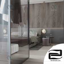 Gray wood bedroom 3D bedroom scene, wardrobe