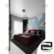 Black and red bedroom 3D interior scene, bedroom 