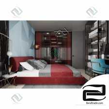 Black and red bedroom 3D interior scene, bedroom 