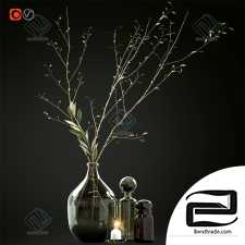 Decorative set Decor set with branches and glass bottles