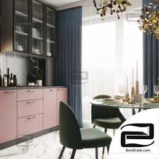Pink kitchen 3d scene interior