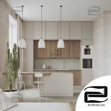 Eco minimalistic Living room + Kitchen 3d scene interior