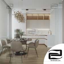 Modern classic Living room + Kitchen 3d scene interior