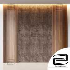 Decorative wall panel made of oak slats and beige corduroy