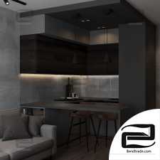 Modern style kitchen with fireplace 3d scene interior
