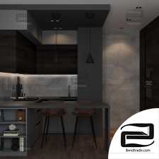 Modern style kitchen with fireplace 3d scene interior