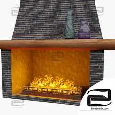 Fireplace with clinker tile trim.