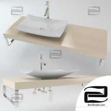 Washbasins on the wooden plate