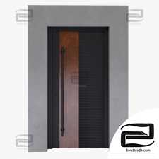 Entrance door with wooden panel.