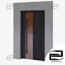 Entrance door with wooden panel.