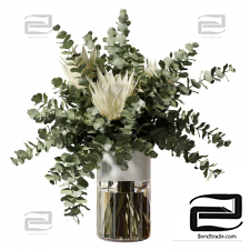 Bouquets with three white proteas and eucalyptus branches