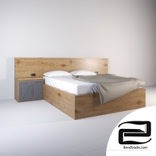 Double bed with bedside tables and built-in headboard 