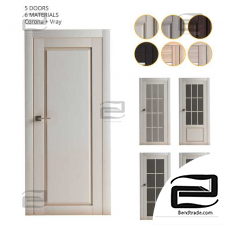A large set of doors. 5 doors in 7 materials
