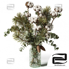 Bouquet of eucalyptus, pine and cotton in a glass vase
