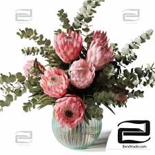 Bouquets with pink proteas and eucalyptus