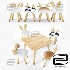 Tables and chairs animal wooden set